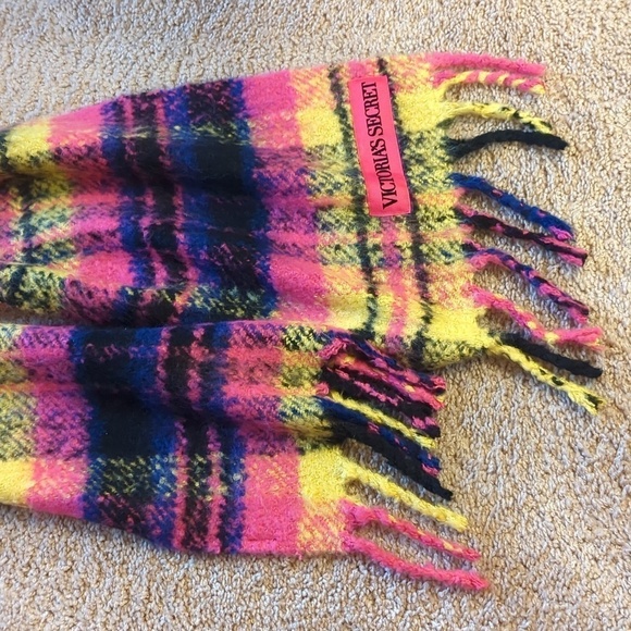 Victoria's Secret Fuchsia & Yellow Plush Plaid Scarf Winter Angel Collection - Picture 6 of 9